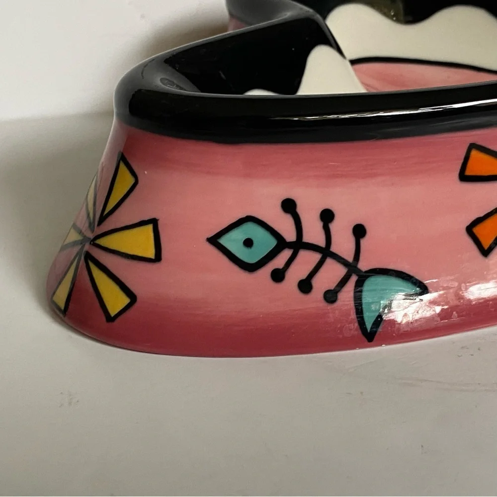 Heart Shaped Cat Bowl Food Pink Ceramic Fish Bones Hand Painted Karherine’s Coll